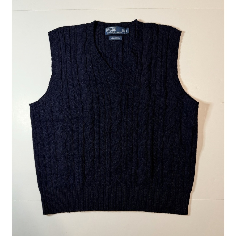 Vintage Polo Ralph Lauren Alpaca Wool Cable Knit Sweater Vest Size Large Navy